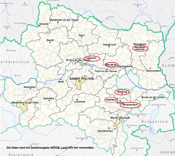 Landkarte von Niederösterreich mit den Ausbildungsplätzen